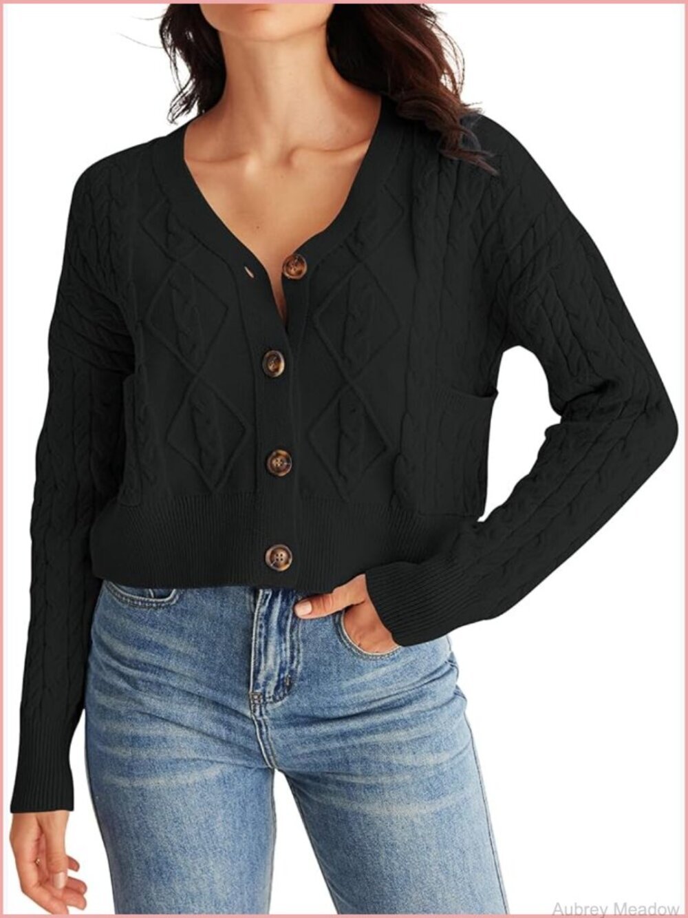 Womens Long Sleeve Open Front Cable Knit Crop Cardigan V Neck Button Sweater